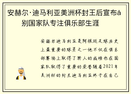 安赫尔·迪马利亚美洲杯封王后宣布告别国家队专注俱乐部生涯